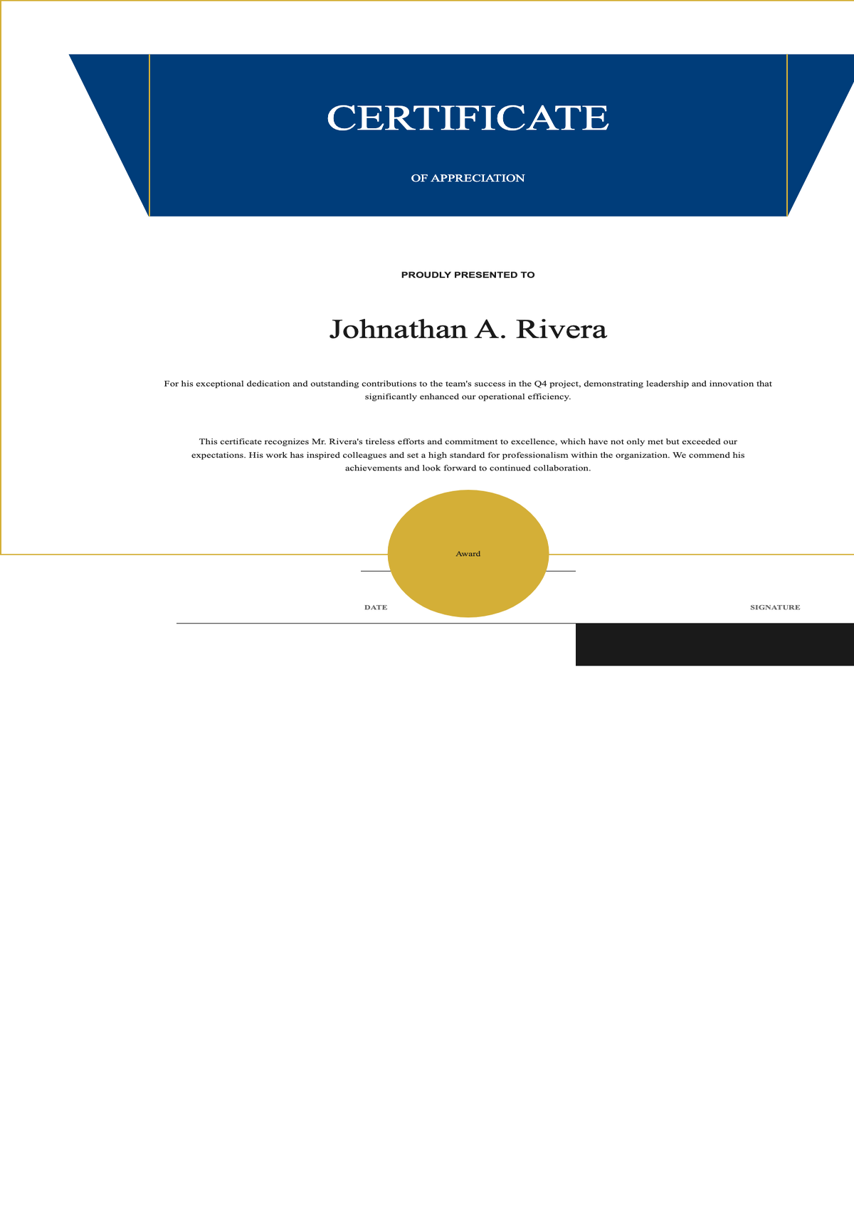 Elegant certificate of appreciation with blue gold accents and award seal_variant_2